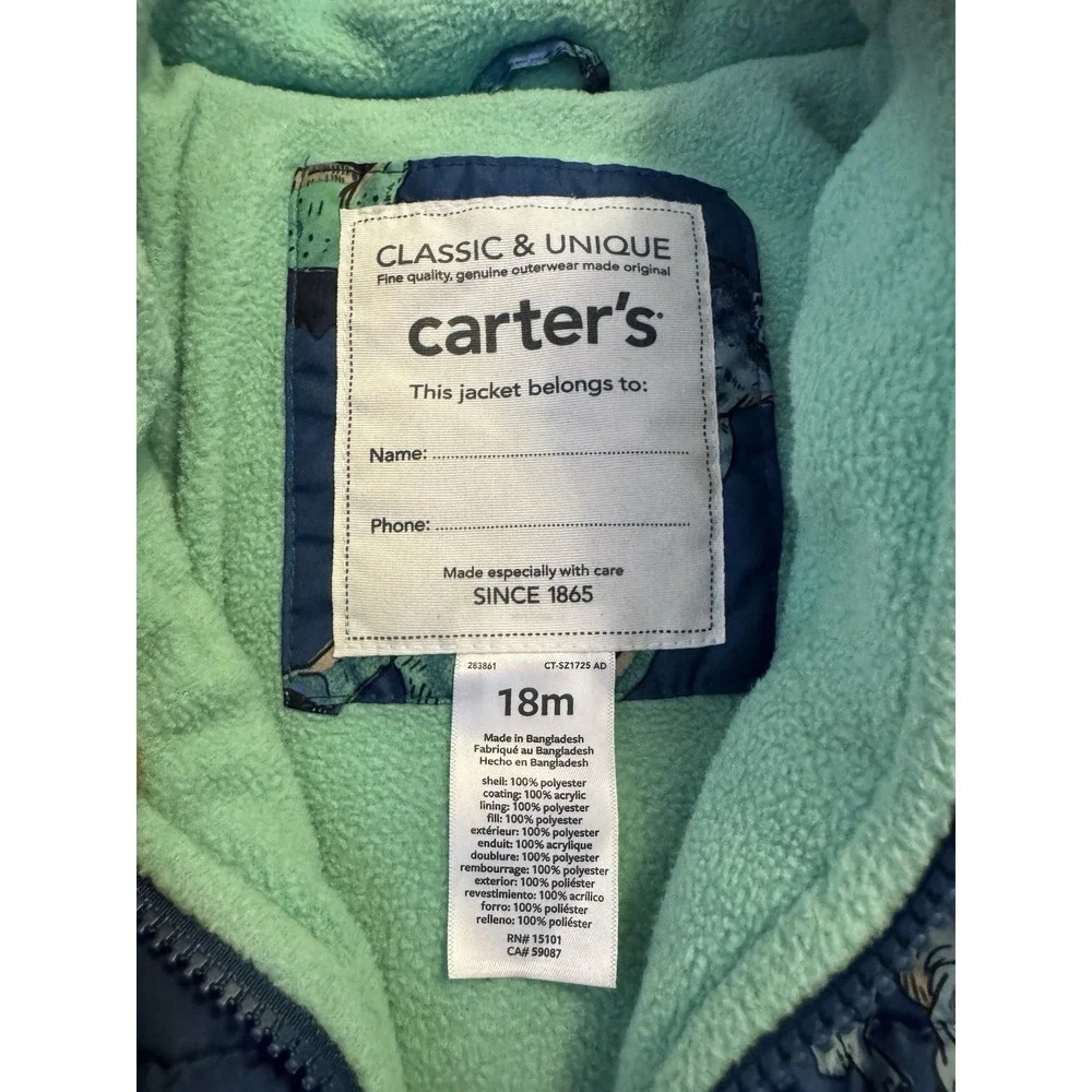 Carter's Size 18 month Dinosaur Winter Coat with Spiky Hood
